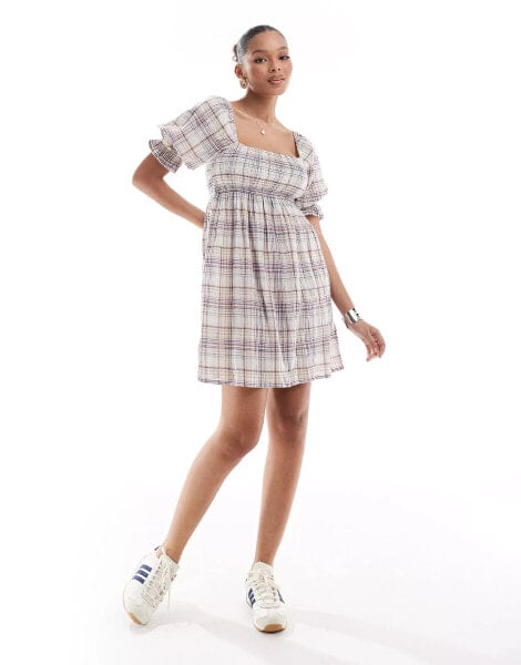 Brave Soul short puff sleeve mini dress in check print