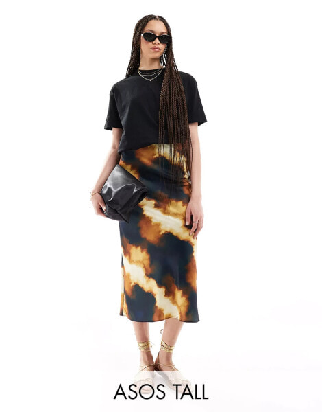 ASOS DESIGN Tall satin bias midi skirt in leopard print