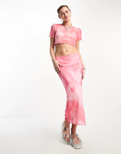 Noisy May mesh maxi skirt co-ord in pink tie dye