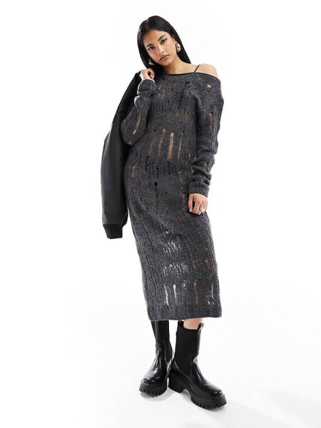 Pimkie laddered knit off shoulder midi jumper dress in charcoal