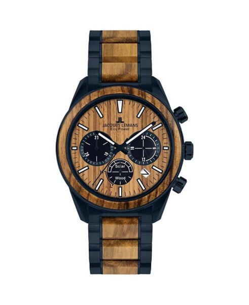 Men's Eco Power Watch with Solid Stainless Steel / Wood Inlay Strap IP-Blue, Chronograph 1-2115