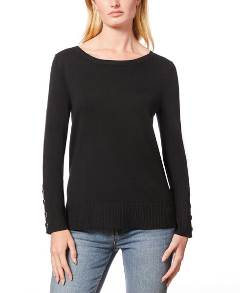 Women's Fine Gauge Boat-Neck Buttoned-Cuff Sweater