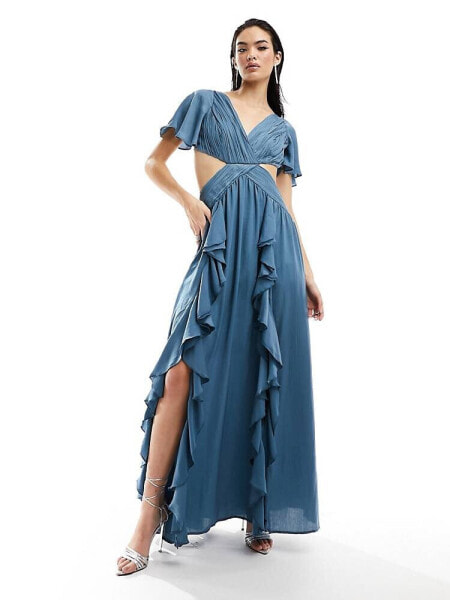 ASOS DESIGN satin ruffle flutter sleeve maxi dress with cut out waist in blue