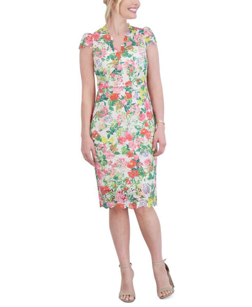 Women's Floral V-Neck Cap-Sleeve Sheath Dress