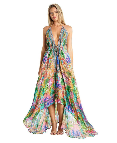 Women's Maxi Tropical Print Halterneck Dress