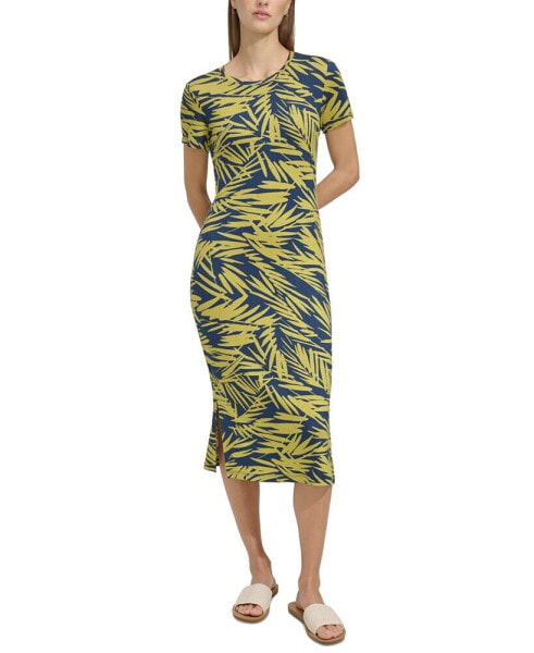 Women's Leaf-Print Midi T-Shirt Dress