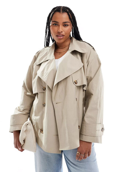 ASOS DESIGN Curve oversized short trench coat with belt in stone