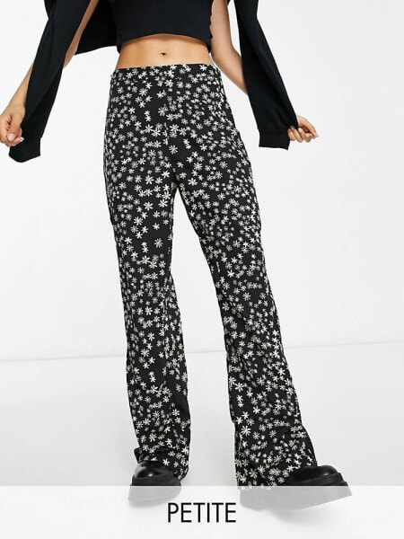 Pieces Petite exclusive flared trousers in black & green floral