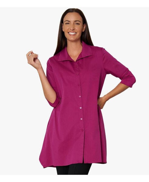 Women's 3/4 Sleeve Button-Front Cotton Poplin Shirt Top Tiburon Tunic Icon