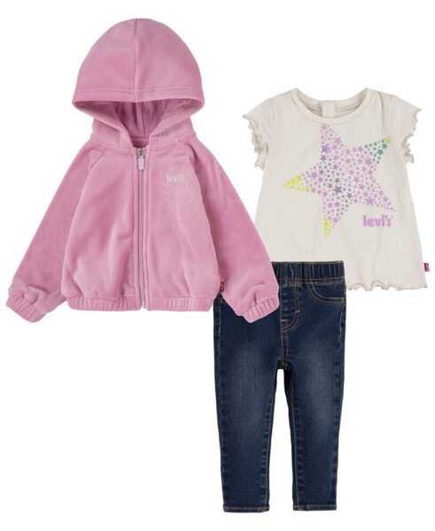 Baby Girls Denim Pant and Tee 3 Piece Set Outfit