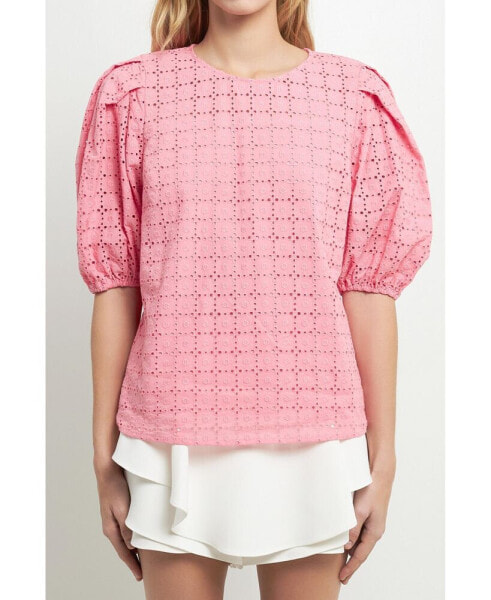 Women's Eyelet Puff Sleeve Top