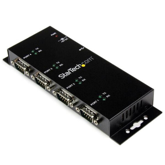 StarTech.com 4 Port USB to DB9 RS232 Serial Adapter Hub – Industrial DIN Rail and Wall Mountable - USB 2.0 Type-B - Serial - Black - Steel - Activity - CE - FCC - RoHS