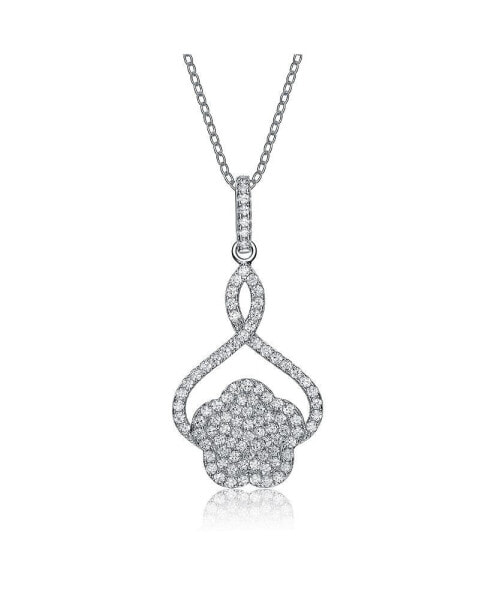 Sterling Silver White Gold Plated with Cubic Zirconia Flower Shape Drop Pendant