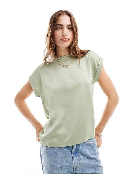 Vila satin front t-shirt with turn up sleeve in sage green