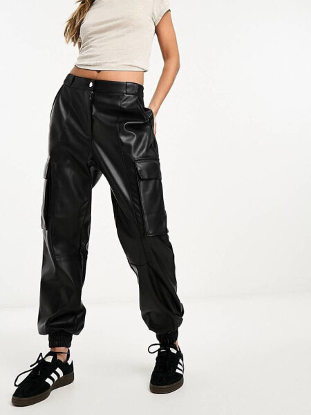 River Island utility faux leather cargo trouser in black