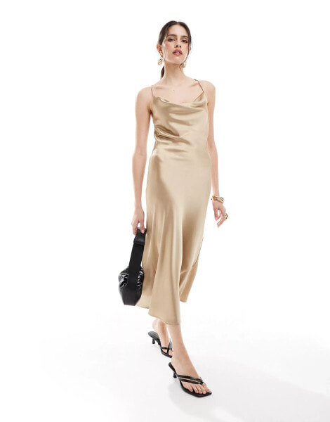 Object – Midi-Trägerkleid in Beige mit Wasserfallausschnitt