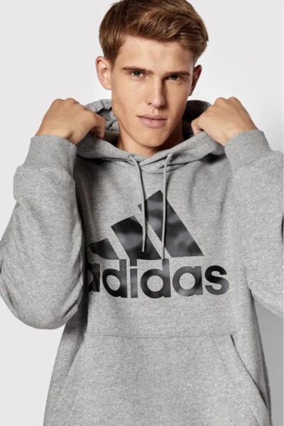 Спортивная толстовка Adidas Essentials Camo Print Erkek Kapüşonlu Gri Sweatshirt (GENİŞ KALIP)