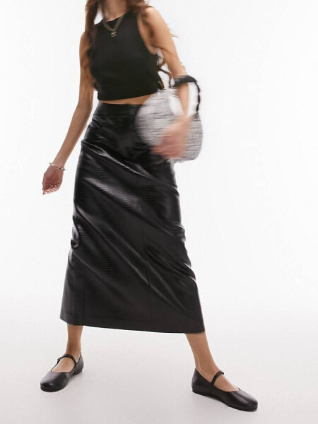 Topshop leather look midi skirt in black snake print 