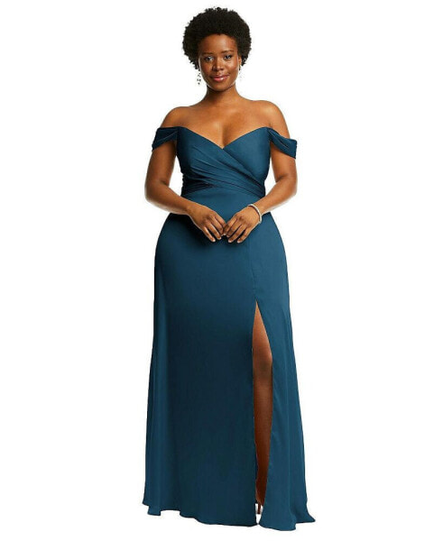 Plus Size Off-the-Shoulder Flounce Sleeve Empire Waist Gown with Front Slit