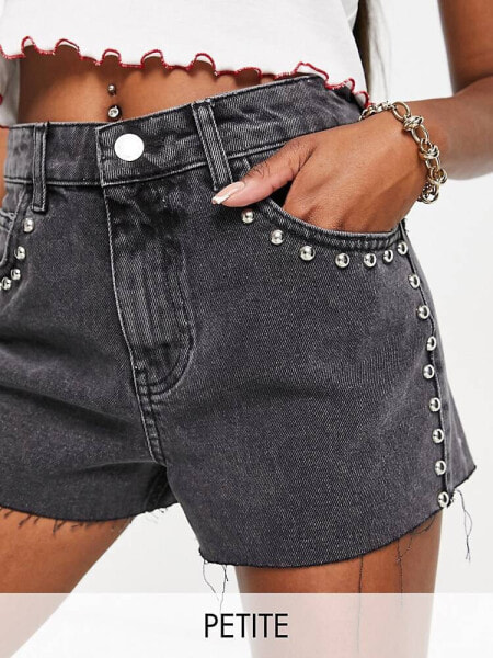 Miss Selfridge Petite denim studded short in washed black