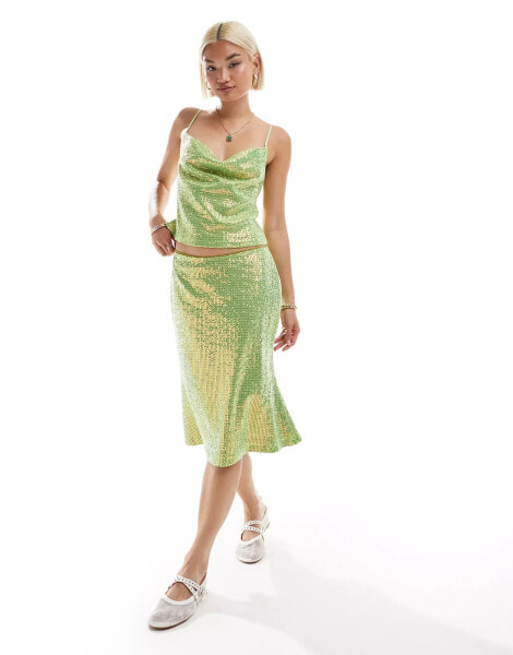 Labelrail x Olivia Grace Herring sequin flippy knee length midi skirt co-ord in green