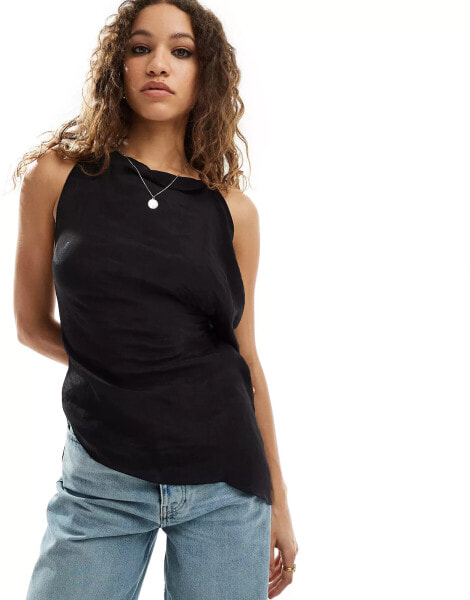 COLLUSION sheer asymmetric longline top with lace up back in black