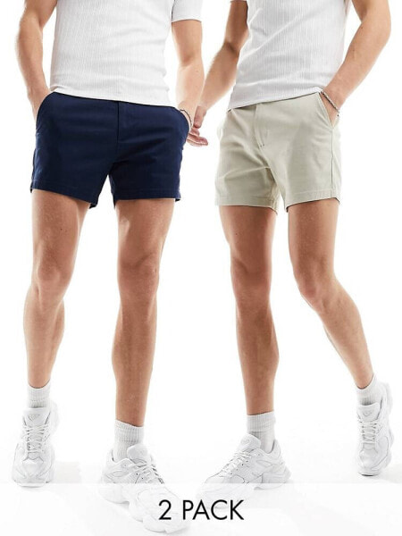 ASOS DESIGN 2 pack skinny shorter length chino shorts in navy and stone save