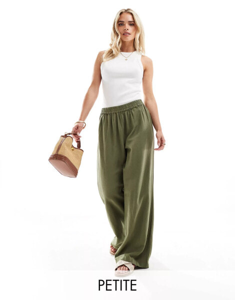 Pieces Petite linen touch wide leg trousers in khaki