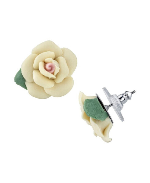 Silver-Tone Large Porcelain Rose Earrings