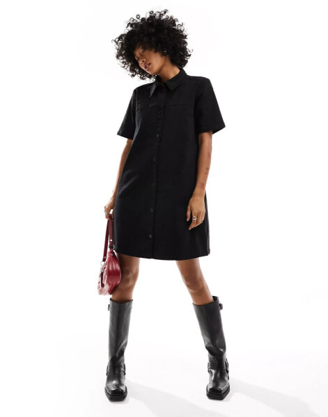 Monki short sleeve button through collar mini dress in black