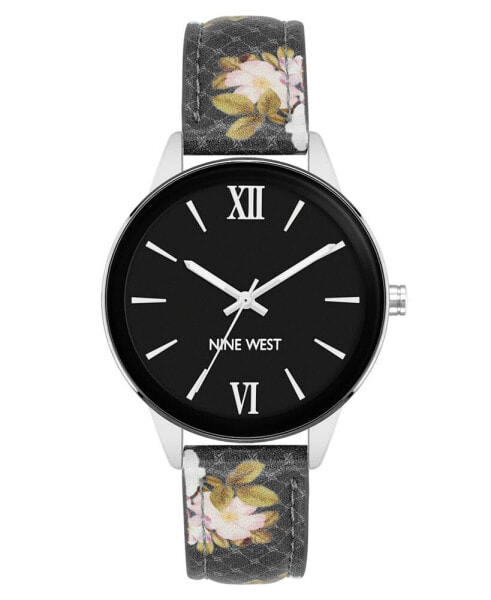 Women's Quartz Black Floral Pattern Faux Leather Band Watch, 36mm