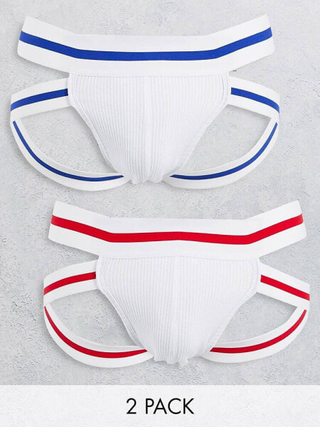 ASOS DESIGN 2 pack rib jock strap with striped waistband