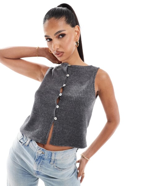 ASOS DESIGN boat neck boxy fit brush rib top in charcoal