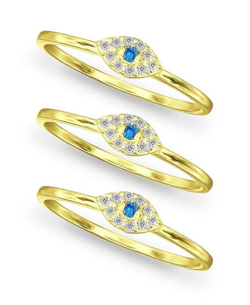 Cubic Zirconia Evil Eye Trio 18K Gold Plate & Silver Plate Stack Ring, Set of 3 Rings