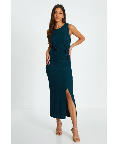 Women's Textured Round Neck Sleeveless Knot Front Maxi Dress