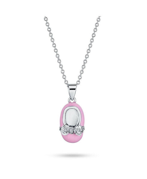 Charm Baby Shoe Pendant Necklace Gift For New Mother Women Pink Enamel Bow Engravable CZ Accent .925 Sterling Silver