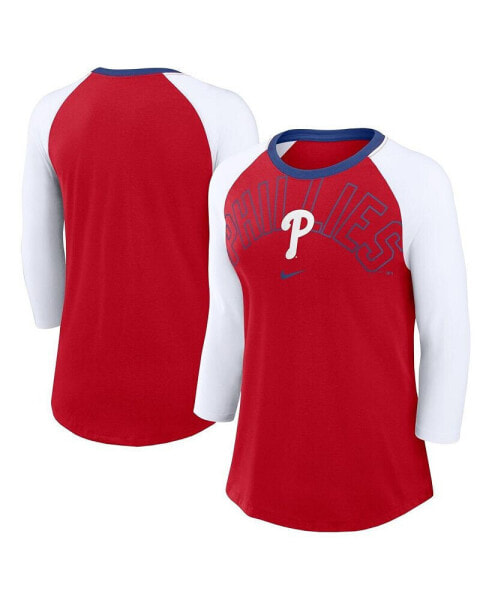 Women's Red/White Philadelphia Phillies Knockout Arch 3/4-Sleeve Raglan Tri-Blend T-Shirt