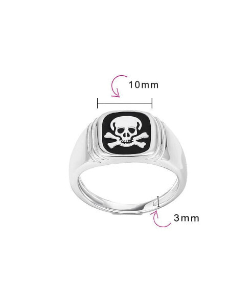 Unisex Elegant Statement Classic Flat Black Onyx Gemstones Signet Skull Crossbones Ring for Women Men .925 Sterling Silver