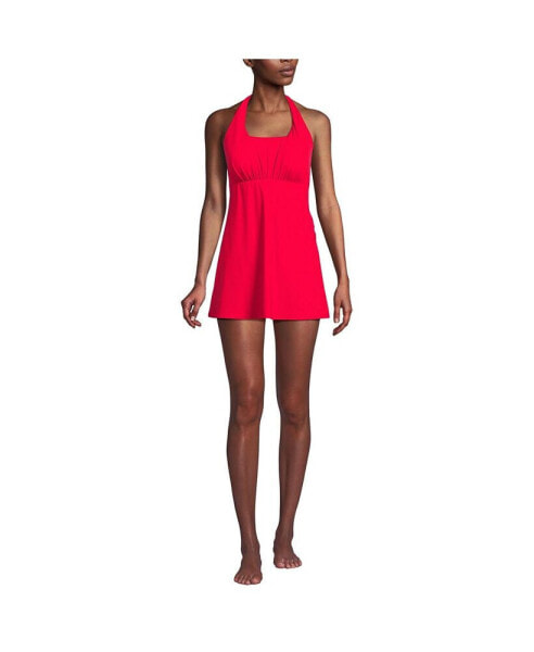 Women's Chlorine Resistant Square Neck Halter Swim Dress One Piece Swimsuit