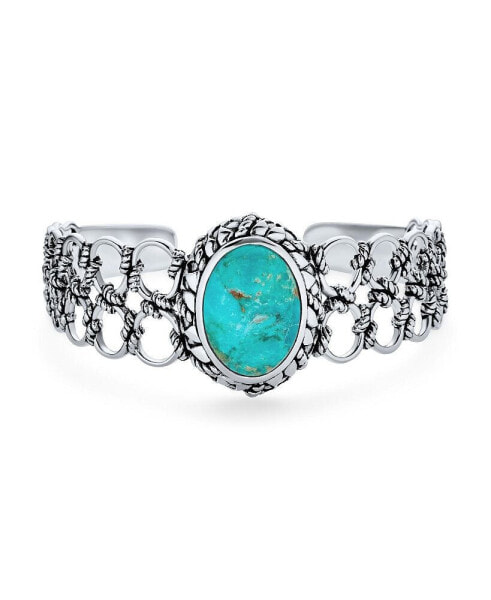 Oval Cabochon Gemstone Circle Robel Open Cable Lattice Turquoise Wide Cuff Bracelet For Women .925 Sterling Silver