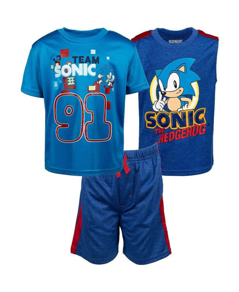 Little Boys Sonic the Hedgehog 3 Piece Outfit Set: T-Shirt Tank Top Shorts Blue