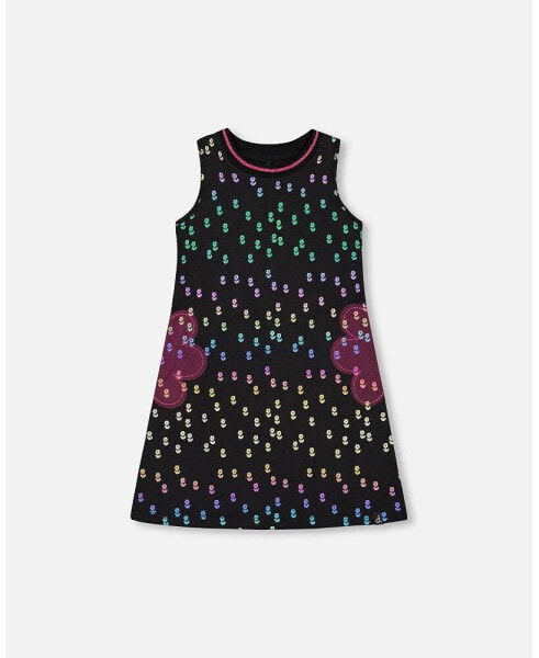 Girl Black Printed Dress With Mesh Flower Pockets - Toddler Child