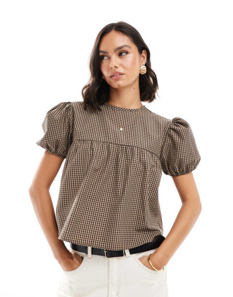 ASOS DESIGN baby doll puff sleeve tie back top in check