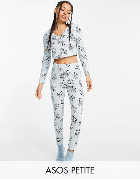 ASOS DESIGN Petite slay long sleeve top & legging pyjama set in blue