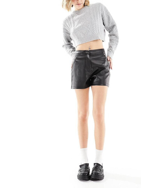 Pimkie zip detail leather look shorts in black