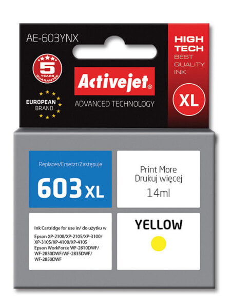 Activejet AE-603YNX ink (replacement for Epson 603XL T03A44; Supreme; 14 ml; yellow) - High (XL) Yield - Dye-based ink - 14 ml - 1 pc(s) - Single pack