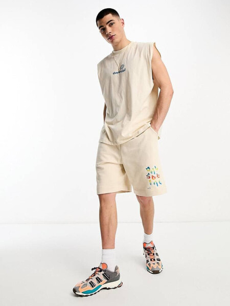 ASOS Daysocial co-ord relaxed short with multi coloured bubble logo in beige