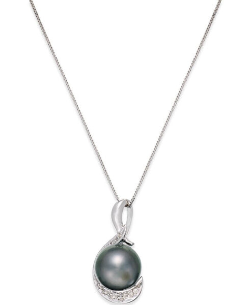 Macy's cultured Tahitian Black Pearl (9mm) and Diamond (1/10 ct. t.w.) Swirl Pendant Necklace in 14k White Gold