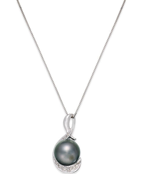 Cultured Tahitian Black Pearl (9mm) and Diamond (1/10 ct. t.w.) Swirl Pendant Necklace in 14k White Gold