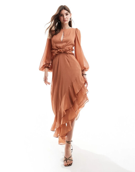 Pretty Lavish cut-out ruffle maxi dress in sienna brown